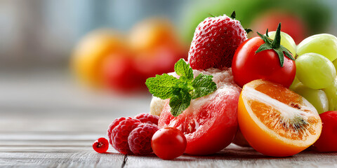 Colorful Assortment of Fresh Fruits and Vegetables on a Rustic Wood Table