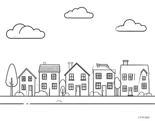 Fototapeta premium Monochrome cityscape of houses under a cloudy sky with a few trees and some shrubbery
