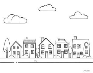 Monochrome cityscape of houses under a cloudy sky with a few trees and some shrubbery