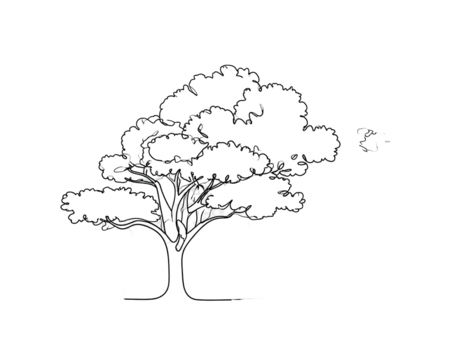 A line drawing of a stylized tree in black and white against a black background