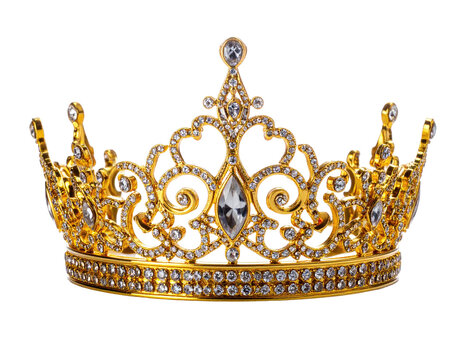 A regal, ornate golden crown with sparkling gemstones against a pure black background