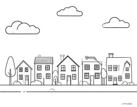 Monochrome cityscape of houses under a cloudy sky with a few trees and some shrubbery