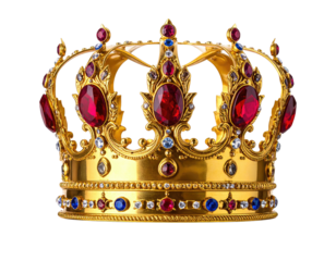 Intricately detailed, golden crown adorned with rubies, sapphires, and diamonds, fit for royalty