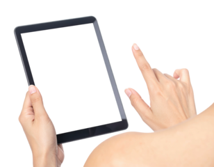Person using a touchscreen device, held with two hands, focusing on interaction