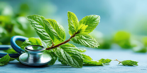 Stethoscope and Fresh Mint Leaves for Natural Herbal Medicine Concept