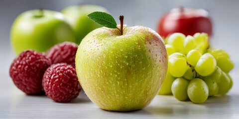 Fresh Green Apple with Water Drops Surrounded by Grapes and Raspberries