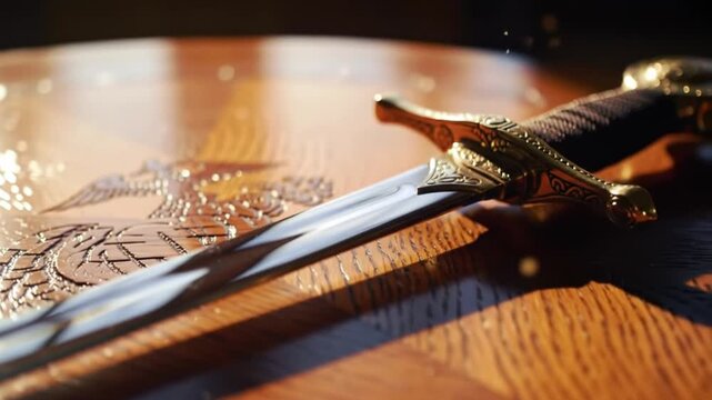 An ornate ceremonial dagger with a golden hilt resting on a polished wooden table with an emblem.