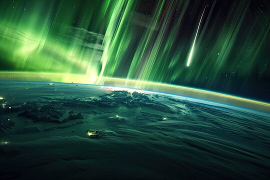 Earth from space with aurora borealis and meteor; for science, travel visuals