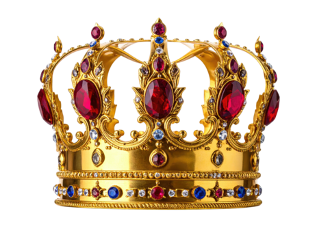 Intricately detailed, golden crown adorned with rubies, sapphires, and diamonds, fit for royalty