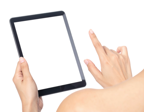 Person using a touchscreen device, held with two hands, focusing on interaction