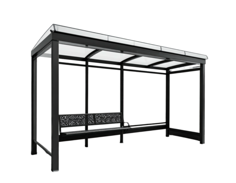 Rendered perspective view of a sleek, modern bus stop shelter, featuring a bench