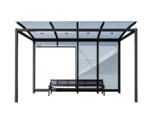 Minimalist public transport structure with a bench and advertising space