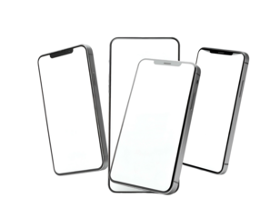 Four modern smartphones with blank white screens, arranged on a solid black background