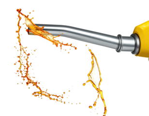 A close-up of a gas pump nozzle dispensing fuel with splash effect against black background