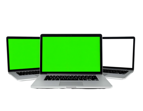Three silver laptops against a black background, two with green screens and one with white