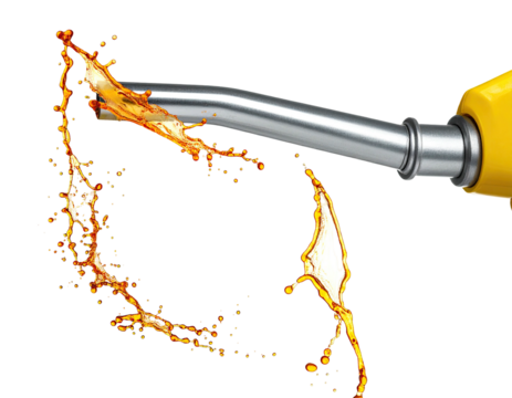A close-up of a gas pump nozzle dispensing fuel with splash effect against black background