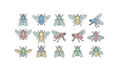 Cute Fly Insect Cartoon Set Vector Illustration