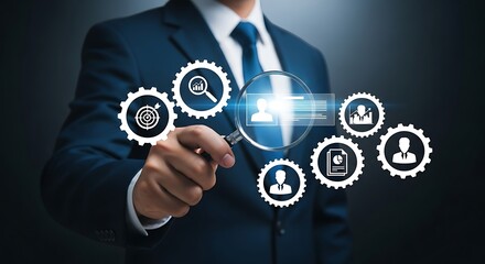 Business professional uses magnifying glass to analyze digital icons representing human resources and workflow