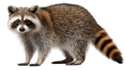 Curious Raccoon: A detailed portrait of a raccoon, showcasing its distinctive masked face and striped tail. This charming creature is captured in a moment of calm.