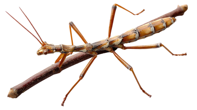 A Stick Insect Perched: A detailed view of a stick insect camouflaged on a wooden twig. showcasing the incredible camouflage adaptation of the creature, it highlights the beauty of insect.