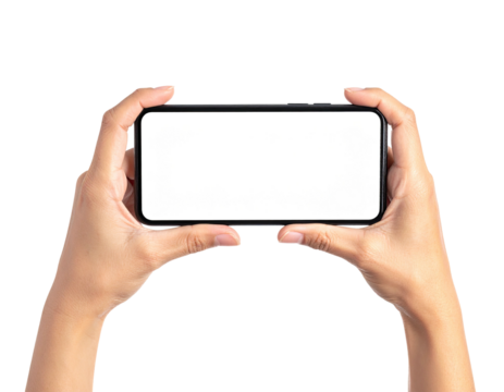 Person holding a smartphone horizontally with a bright white screen, against a black background
