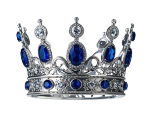 A regal, ornamental silver crown adorned with large blue and clear gemstones, isolated on black