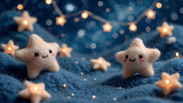 Stars and string lights on textured blue background for holiday or decorative concepts