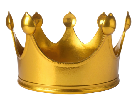 A shiny, golden crown fit for royalty, rendered on a transparent background