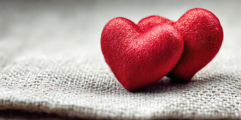 Two Red Glitter Hearts Resting on a Textured Light Fabric with Copy Space
