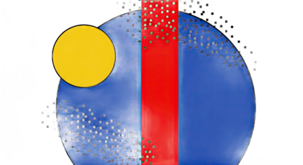 Abstract geometric composition featuring a blue circle, yellow sun, and red stripe