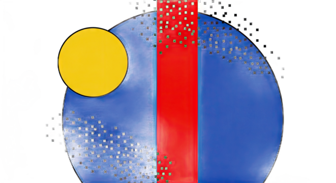Abstract geometric composition featuring a blue circle, yellow sun, and red stripe
