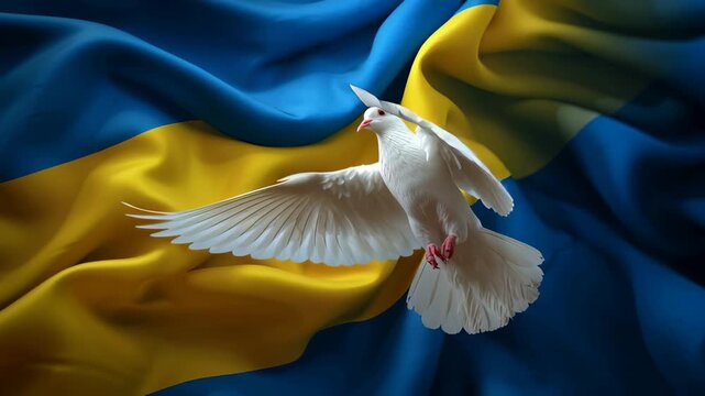Realistic Ukrainian flag with white dove of peace silhouette on it. Peace for Ukraine concept.
