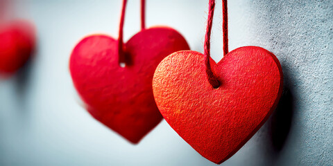 Two Bright Red Wooden Hearts Hanging by Red String Against a Light Background
