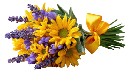 Floral Bouquet: A captivating arrangement of sunflowers and lavender, bound with a golden ribbon, evokes the freshness of nature and the beauty of a sunny day.