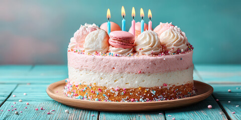 Layered Birthday Cake with Lit Candles, Whipped Cream, Macarons on Rustic Wood