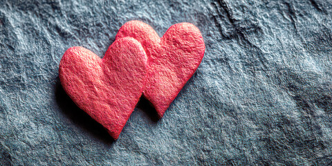 Two Pink Textured Hearts Overlapping on a Dark Blue Gray Rough Surface