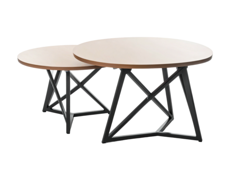 Two modern, round coffee tables with light-colored tops and crisscross metal bases