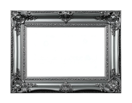 A detailed, antique-style, rectangular frame, silver in color, with intricate carved flourishes