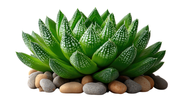 Succulent Elegance: A close-up view of a vibrant succulent with striking textures, displayed amongst carefully arranged pebbles, showcases the enduring beauty of nature's design.