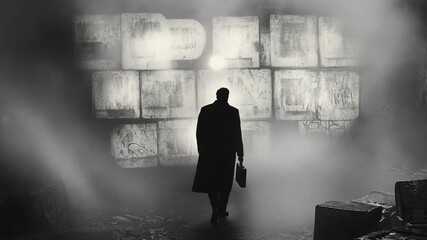 Man in trench coat walks into foggy industrial building. - Powered by Adobe