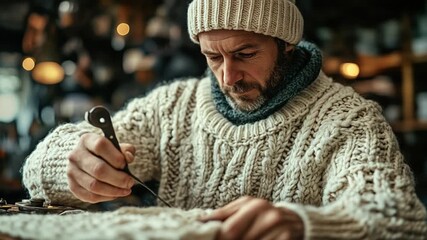 Man in a white sweater working on a craft project.
