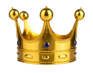 A detailed close-up of a shiny golden crown with blue gems and ornate details