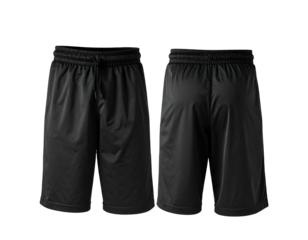 Black athletic shorts displayed front and back against a dark backdrop, showcasing fabric detail