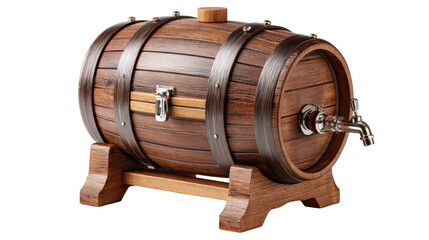 Rustic Wooden Barrel: An inviting depiction of a classic wooden barrel, meticulously crafted with intricate details, metal hoops, and a spigot.