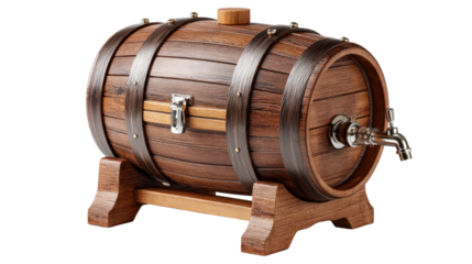 Rustic Wooden Barrel: An inviting depiction of a classic wooden barrel, meticulously crafted with intricate details, metal hoops, and a spigot.