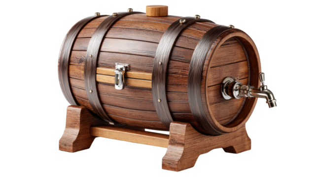Rustic Wooden Barrel: An inviting depiction of a classic wooden barrel, meticulously crafted with intricate details, metal hoops, and a spigot.