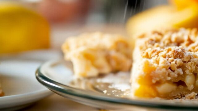 Close up of fresh apple pie slice on plate with focus on delicious details