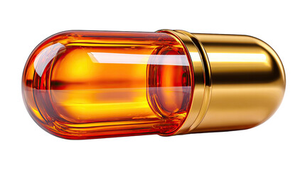 The Golden Medicine: An artistic capture of a close-up on a transparent amber capsule with shiny gold caps, symbolizing the essence of health and scientific advancements.