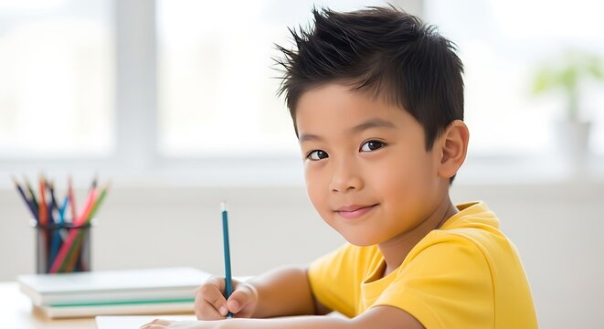 Young asian boy with spiky hair smiling while writing at a desk with colorful pencils