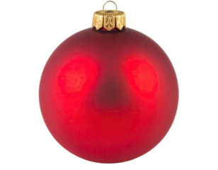 Close-up of a shiny, red holiday ornament with gold cap against a black background